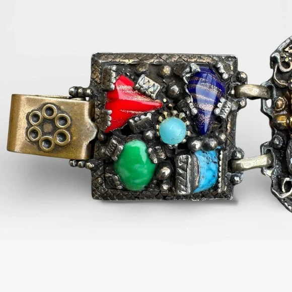 SELRO SELINI Vintage Multicolor Glass Cabochon Panel Bracelet and Earrings Set. - Picture 4 of 16